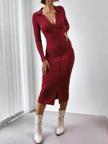 Women Midi Dresses - Burgundy - View 2