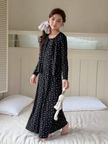 DAZY 两件套少女碎花针织开衫和修身吊带睡裙睡衣套装，秋季款 - 黑色 - 查看 3