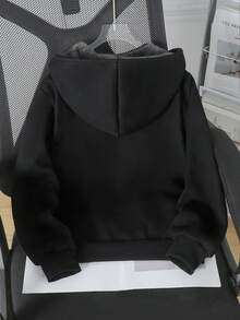 SHEIN 男童秋冬时尚保暖连帽拉链卫衣外套，字母华夫格面料设计，单件装 - 黑色 - 查看 2