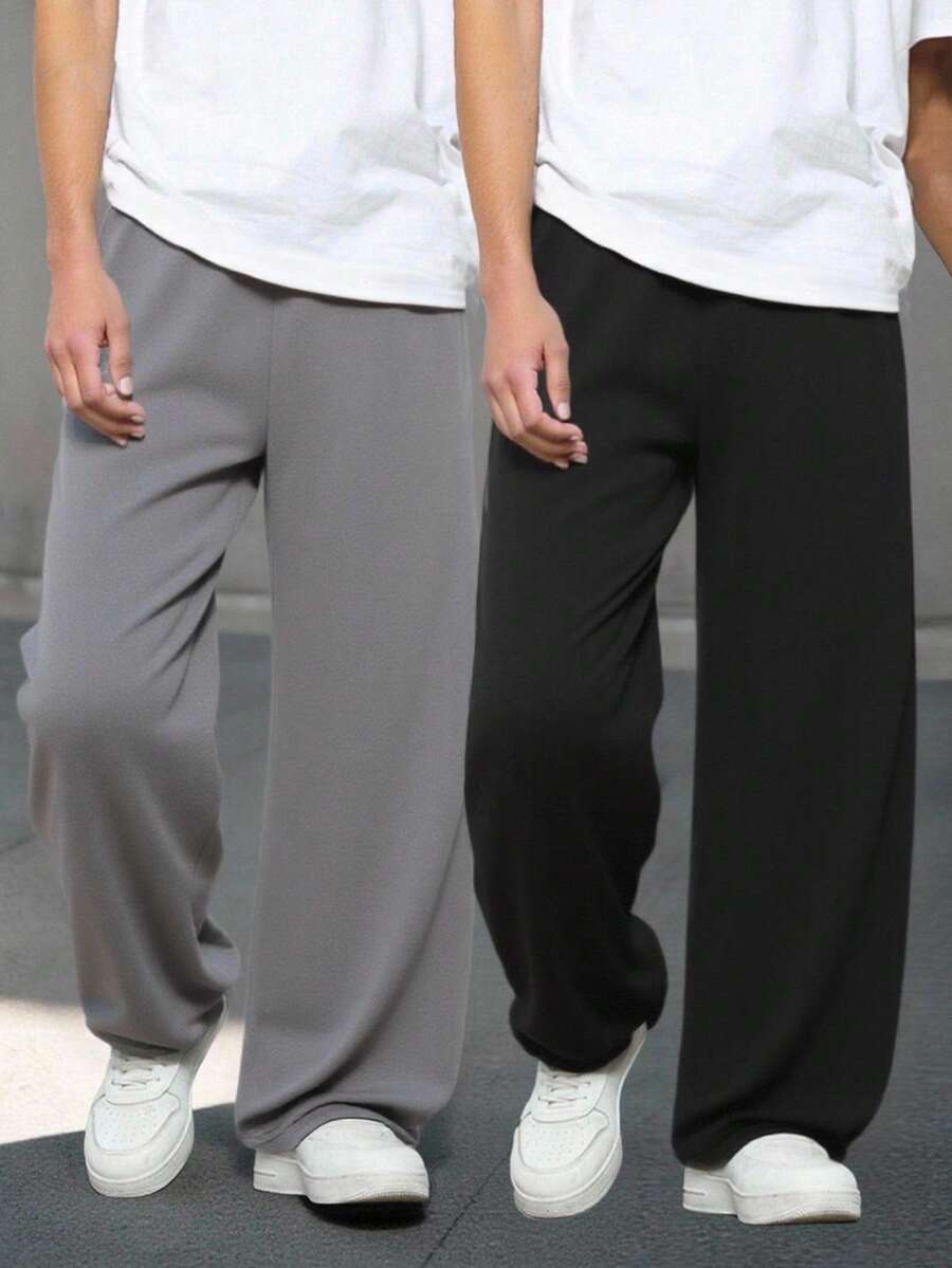 2 条装 Vacaura Boy 简约休闲时尚运动黑灰色麻灰色直筒运动裤，适合春秋冬季 - 彩色 - 查看 1