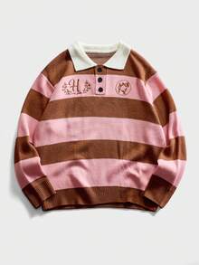ROMWE MEN Men's Preppy Striped Embroidered Knit Sweater With Collar - Pink - View 1