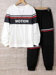 Vacaura 2 件套青少年（男孩）休闲学院风拼布印花圆领运动衫和抽绳运动裤套装，春/秋/冬 - 黑與白 - 查看 4