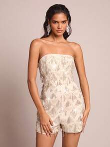 Glamine 女士优雅派对无肩带性感百搭亮片流苏连体裤 - 香檳色 - 查看 5