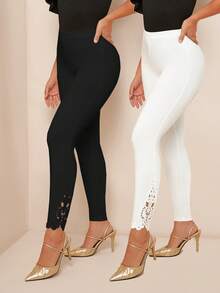 SHEIN PETITE CURVE 2pcs Women Plus Solid Color Elastic Waist Casual High-Stretch Leggings Black Lace Leggings Country Concert,Suitable For People Of Shorter Stature,Suitable For Autumn And Winter - Multicolor - View 3