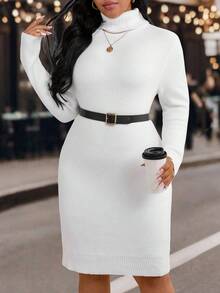 EMERY ROSE Plus Size Women's Casual Everyday Commute Simple Solid Color High Neck Fitted Sweater Dress, Without Belt - White - View 6