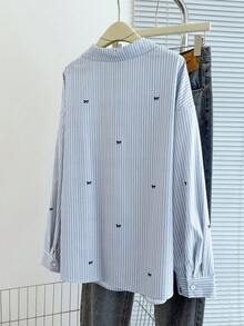 GlowEve CURVE Plus Size Bow Decor Blue & White Striped Shirt