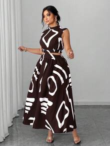 Elenzga Sukienka bez rękawów w dużym rozmiarze, seksowna i szykowna, idealna na dojazdy do pracy i wakacje - Kawowy brązowy - Zobacz 4