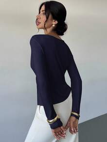 Firerie Camiseta de manga larga holgada y asimétrica para mujer, uso casual sexy y elegante, de doble uso - Azul Marino - Ver 2