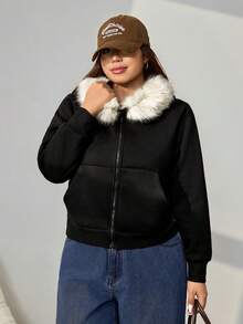 SHEIN EZwear 大码纯色前拉链卫衣，休闲时尚，适合日常穿着，秋冬季 - 黑色 - 查看 5
