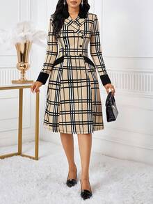 SHEIN Lady 女士翻领长袖双排扣格子优雅中长连衣裙 - 杏色 - 查看 4