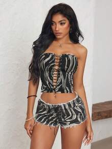 Jeanoix Women's Minimalist Printed Bandeau Top - Black - View 4