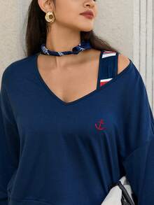 Zelara 两件套加大码锚形刺绣上衣和条纹撞色连衣裙套装 - 彩色 - 查看 6