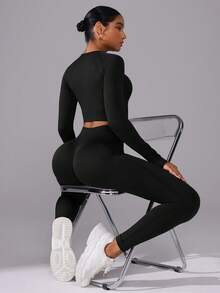 Eassivo Women's Solid Color Raglan Sleeve T-Shirt And High Waist Leggings Seamless Sports Set Workout Legging Two Piece Set Curve Activewear Set Curve Workout Set - Black - View 6