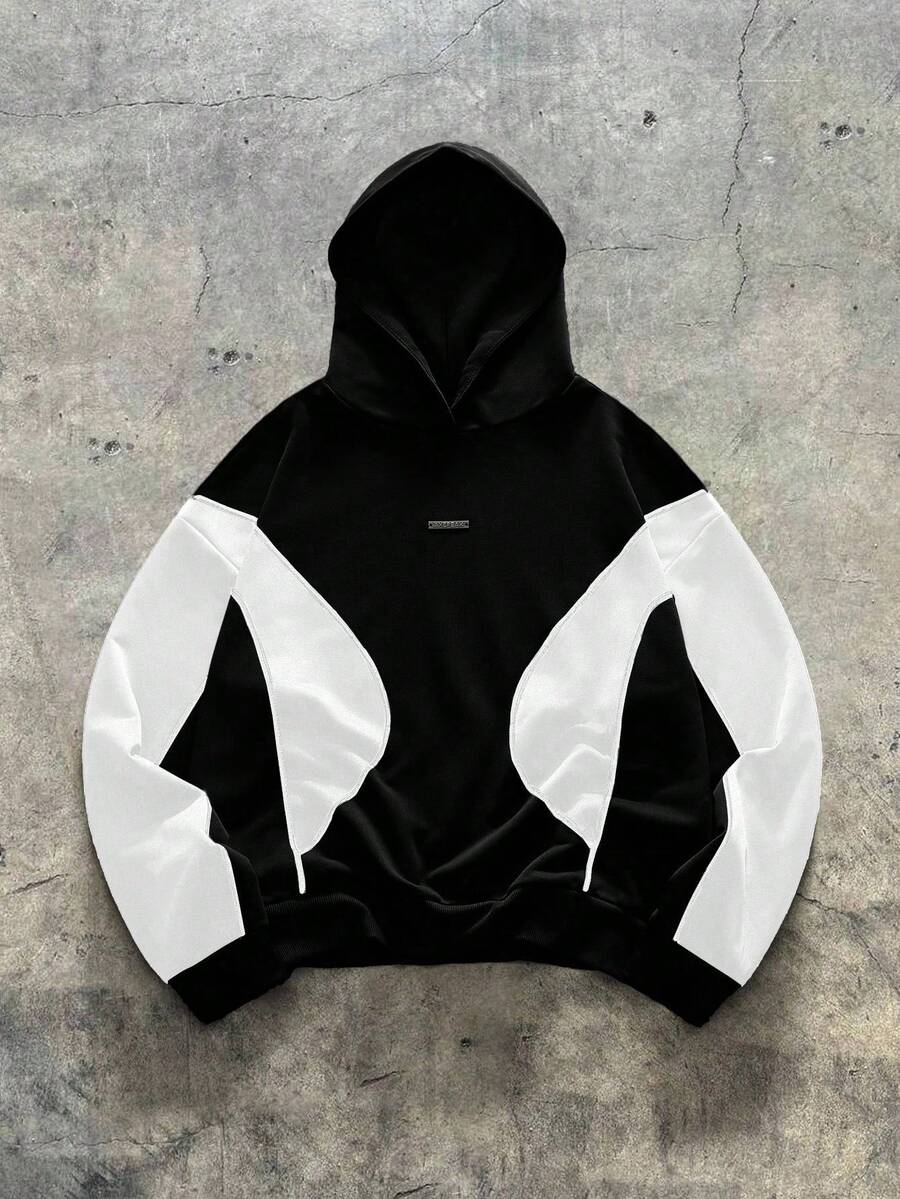 AXEPEAK Áo hoodie chắp vá màu tương phản, thoải mái và đa năng cho trang phục hàng ngày - Đen và trắng - Xem 1