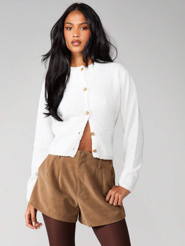 MISSGUIDED Cardigan con bottoni frontali morbido e soffice, con dettagli in metallo dorato e collo tondo, manica lunga, maglia pelosa, ideale per l'autunno e l'inverno come capo di abbigliamento da sovrapporre