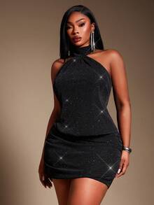 SHEIN SXY 大码女式优雅华丽性感亮片网纱吊带上衣搭配褶皱紧身裙时尚套装，适合街头风、OL装、派对、情人节、音乐节、演唱会、婚礼宾客礼服，女士扎染半身裙套装，多色可选，秋冬季、宴会、盛宴、晚宴、舞会、舞会、都市、性感、优雅、正式场合、端庄、时尚、假日、约会之夜、聚会、生日、单身派对、鸡尾酒会、Y2K风格。 - 黑色 - 查看 5