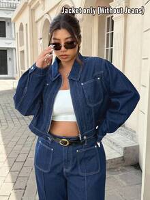 SHEIN ICON Plus Size Women's Fashionable Casual Washed Jacket - Dark Wash - View 1