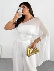 Firerie Plus Size Women Summer Casual Elegant Vacation Daily Fashion Versatile Asymmetric Neck Mesh Patchwork Asymmetrical Tie Fitted Top - White - View 8
