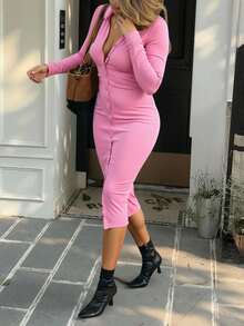 Button Front CollaredBodycon Midi Dress - Rosa - Ver 2