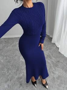Rafferiza 修身圆领长袖麻花针织鱼尾下摆棕色毛衣连衣裙，女士秋冬款 - 寶藍色 - 查看 6