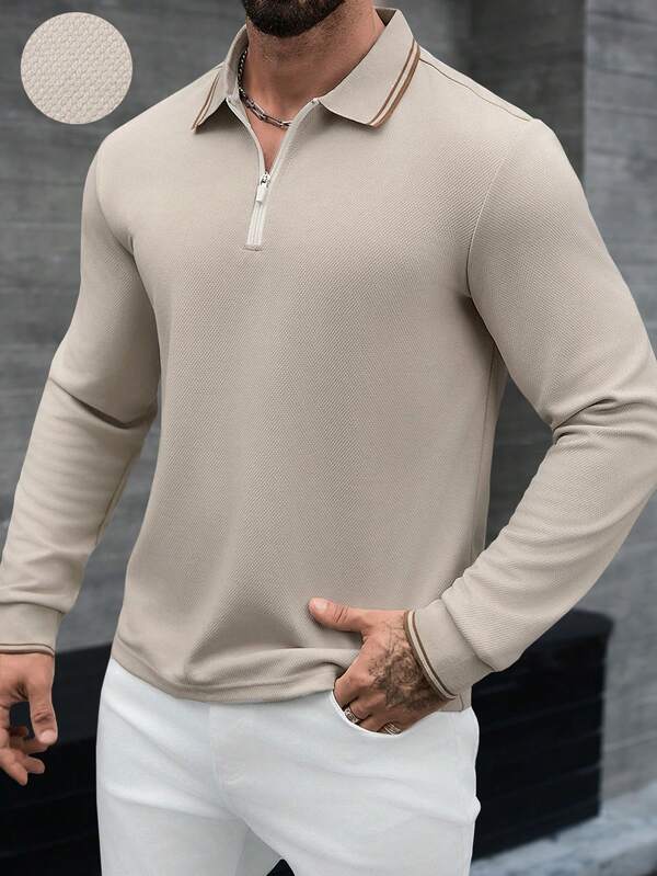 Manfinity CasualCool Men's Long Sleeve Textured Fabric Polo Shirt Cream Top Men Beige Men Outfit Nude Shirt For Men Polo Shirts For Men Long Sleeve Men Casual Champagne Outfits  Old Money,Daily Leisure, Weekend Trips, Outdoor Activities, Travel Expeditions, Relaxed Work Environments Or Semi-Formal Occasions,Boyfriend/Husband Gift, Anniversary Gift Christmas Outfits