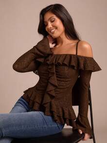 2026 Blusa con volantes y hombros descubiertos de moda para mujer - Marrón - Ver 8