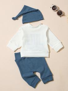 SHEIN HELLO Letter Embroidered Newborn Photography Outfit, Baby Boys/Girls Top, Pants, Hat 3pcs Set, Infant 1 Month To 100 Days Studio Photo Shoot Clothing