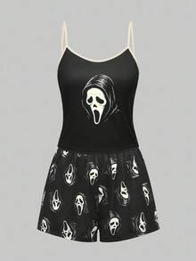 ROMWE Women's Gothic Imp Pattern Contrast Color Strap Camisole & Shorts Casual Pajama Set - Black - View 1