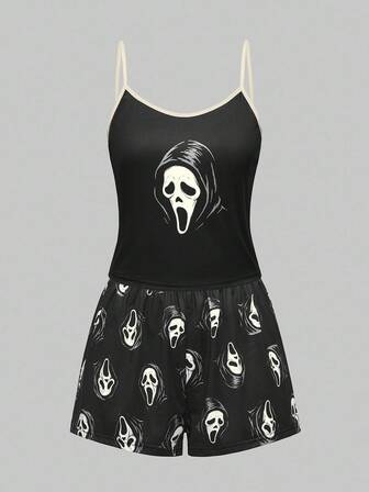 Women's Gothic Imp Pattern Contrast Color Strap Camisole & Shorts Casual Pajama Set