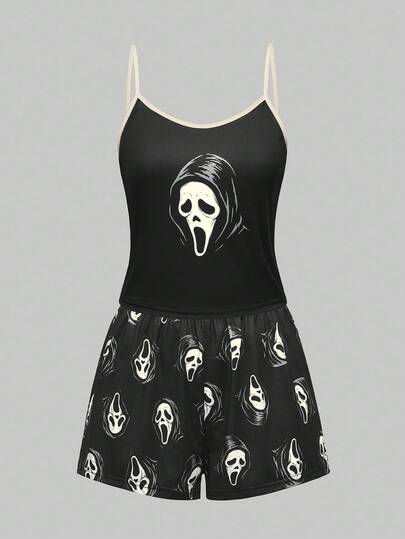 Women's Gothic Imp Pattern Contrast Color Strap Camisole & Shorts Casual Pajama Set