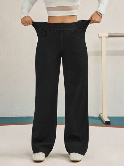 SHEIN Tall Jeans rectos de cintura elástica de unicolor, versátiles y minimalistas para uso diario y casual de las mujeres