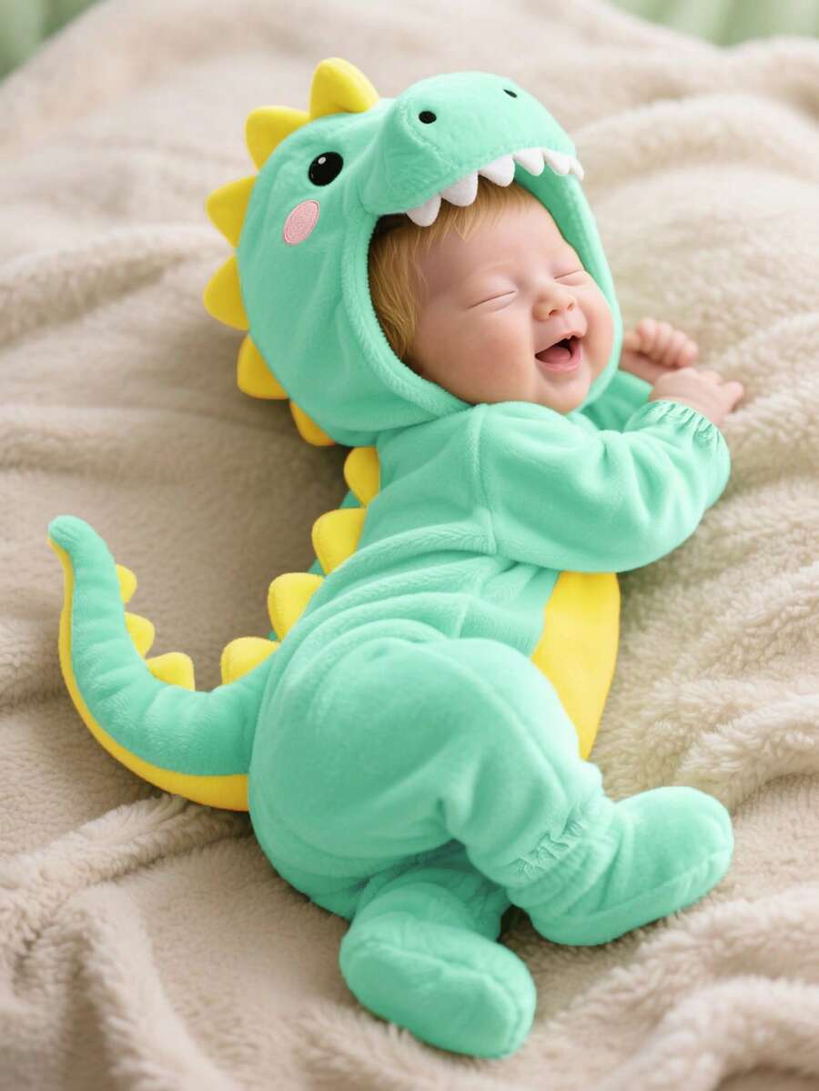 SHEIN 新生儿可爱趣味水晶毛绒3D恐龙造型连体衣，长袖长裤套装 - 薄荷綠 - 查看 1
