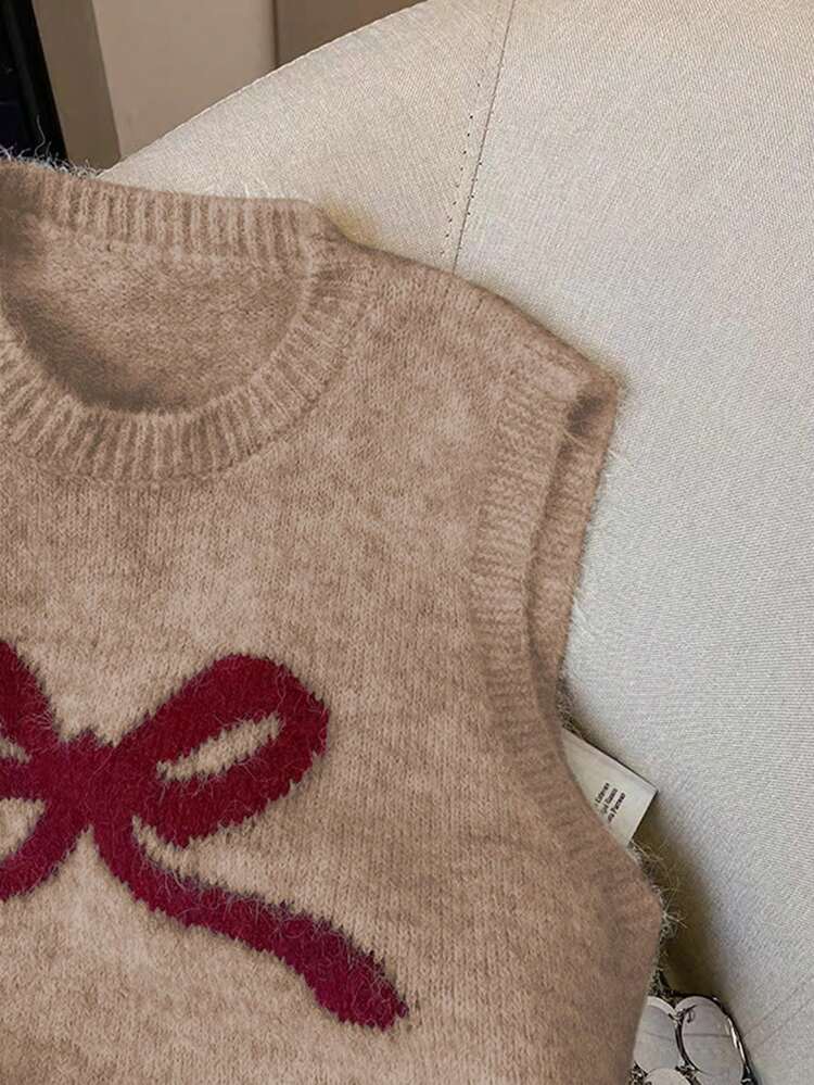 Franclia 2024 Nuevo Otoño/Invierno Parte superior de chaleco de punto sin mangas con lazo decorativo, suéter suave para capas - Multicolor - Añade 4
