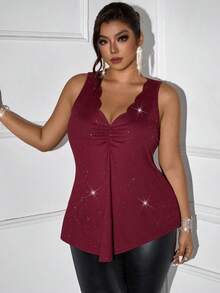 Femmeverse Plus Size Women Burgundy Scoop Neck Sequin Embellished Casual Camisole, Christmas,Elegant,Going Out,Party Outfits For Women In Winter - Burgundy - View 5