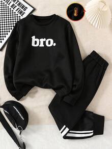 2 件套休闲时尚字母“Bro”印花圆领运动衫和抽绳腰裤套装，适合青少年男孩，宽松舒适，适合秋季、春季、冬季、日常穿着、通勤、户外、运动、学校、街头服饰、派对、拍照 - 黑色 - 查看 7