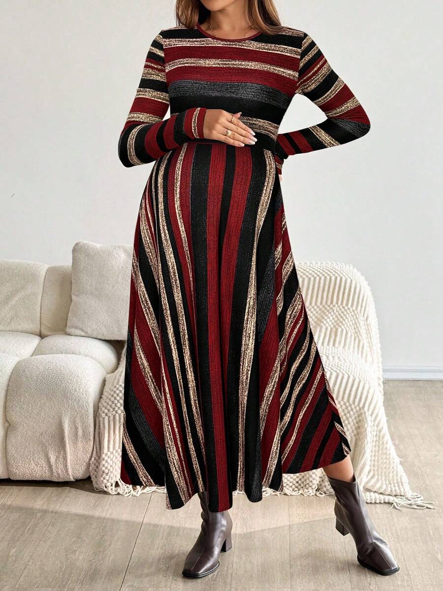 SHEIN 孕妇条纹圆领长袖休闲连衣裙 - 紅色 - 查看 1