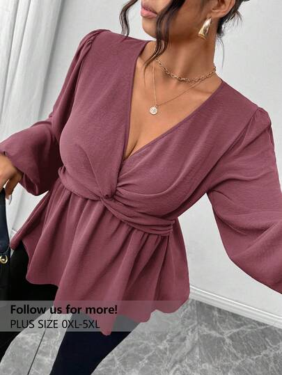 Firerie Plus Size Casual Twist Hem Long Sleeve Shirt, Green