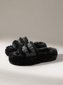 Solecia Women's Fluffy Adjustable Strap Thick Sole Home Slippers For Christmas - Black - View 2