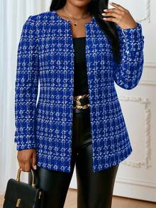 SHEIN Lady 大码女士优雅格子印花开襟外套，商务风 - 寶藍色 - 查看 1