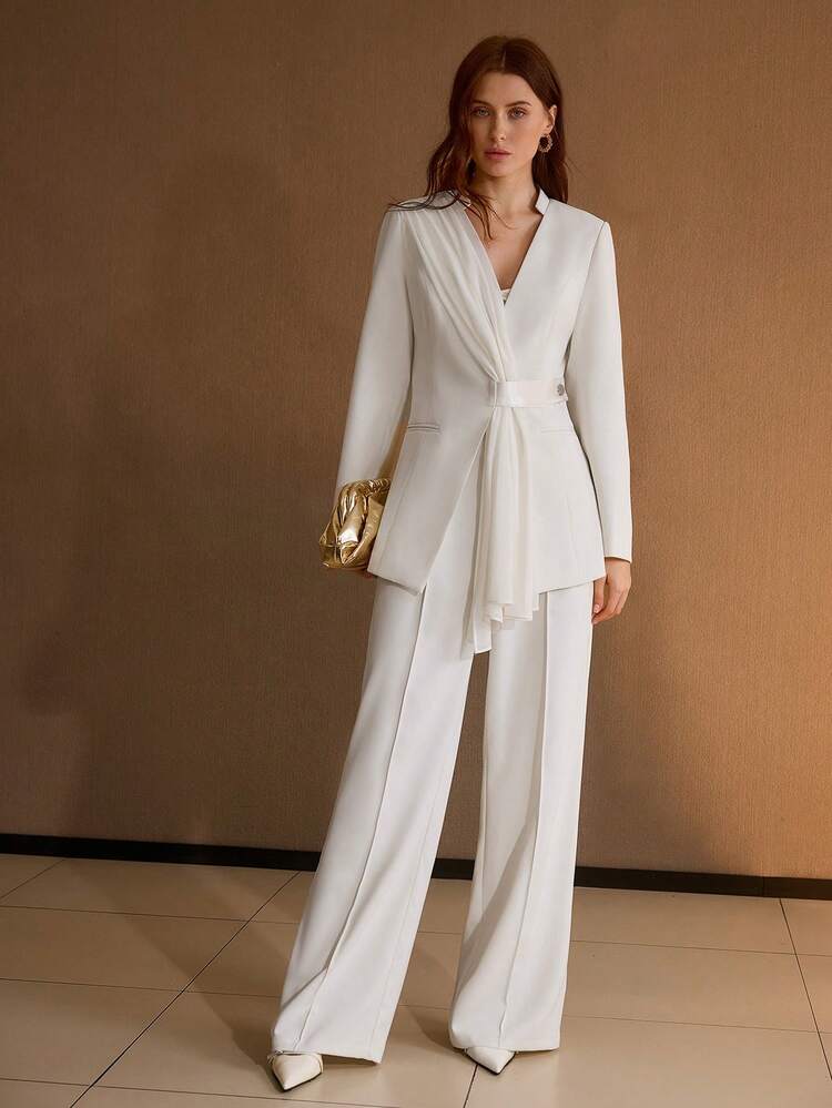 WOMEN'S SOLID COLOR SATIN PATCHWORK TIE-WAIST LONG SLEEVE ELEGANT COMMUTER JACKET