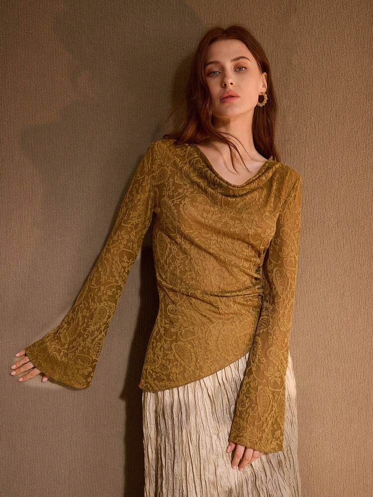 FASHIONABLE HIGH-END LONG SLEEVE TEXTURED FABRIC T-SHIRT, SLIM FIT, RUCHED FLARE SLEEVES, SLIMMING TOP