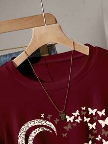 EMERY ROSE Women's Outdoor Wear Top, New Summer Design, Outdoor/Holiday, Butterfly & Heart Print, Photography Street Style, Fashionable Must-Have, Burgundy Color - Burgundy - View 3