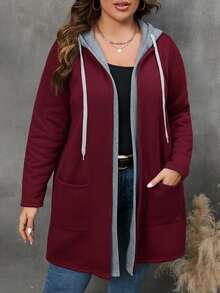 SHEIN PETITE CURVE Plus 双口袋冬季女装抽绳连帽外套 - 酒紅色 - 查看 5