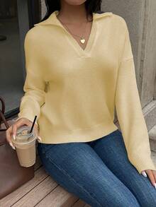Flirla Women's Solid Color Turndown Collar Drop Shoulder Long Sleeve Casual Sweater, Autumn/Winter - Light Yellow - View 4
