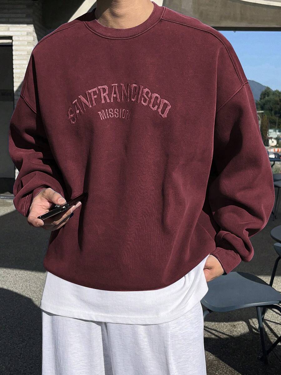 DAZY 男士秋冬保暖内衬酒红色字母刺绣套头衫 - 酒紅色 - 查看 1