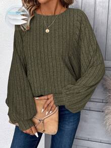 Rosumi Women Plus Size Olive Green Round Neck Ribbed Casual Long Sleeve Sweatshirt,Autumn Smart Casual Lantern Sleeve Top,Winter Clothes Christmas Shirt - Army Green - View 5