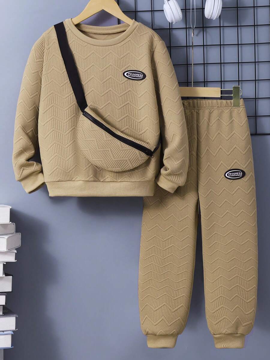 SHEIN 3pcs/Set Tween BoyLetter Textured Sweatshirt, Sweatpants And Backpack Set (Can Be Sold Separately) - Khaki - View 1