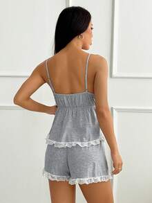 SHEIN PETITE 2pcs Knit Padded Camisole Top And Lace Trim Shorts Set, Summer - Grey - View 5