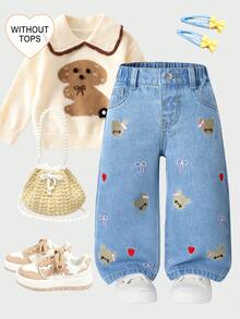 SHEIN Playful Pals Quần jeans ống rộng mùa thu/đông cho bé gái 2-25 tuổi, ống đứng thêu hình trái tim dễ thương, màu đen cổ điển, đen xám, phong cách đường phố đơn giản, cổ điển Y2K - Rửa nhẹ - Xem 7