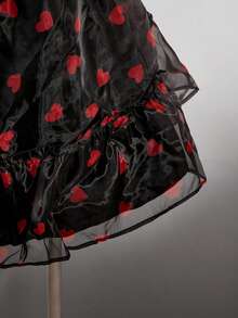 SHEIN ICON Plus Size Red Heart Puff Sleeve Cinched Waist Princess Dress, Suitable For Valentine's Day Date - Black - View 6